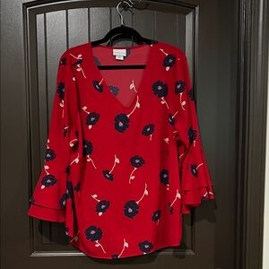 Liz Claiborne Red Floral V-Neck Blouse